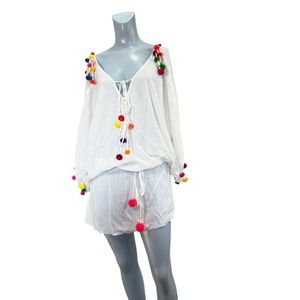 NWT XS/s Sundress White Swim Beach‎ Cover Multicolor Pompom & Bead Accents